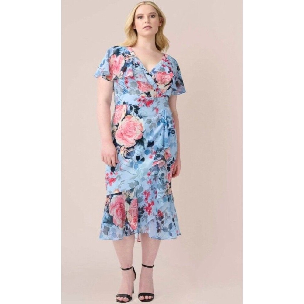 Adrianna Papell Floral Chiffon Faux Wrap Dress Women 20W  Midi Flutter Sleeves